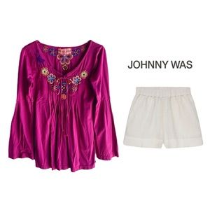JWLA JOHNNY WAS PURPLE EMBROIDERED PINTUCK PLEATED TOP SZ S $225